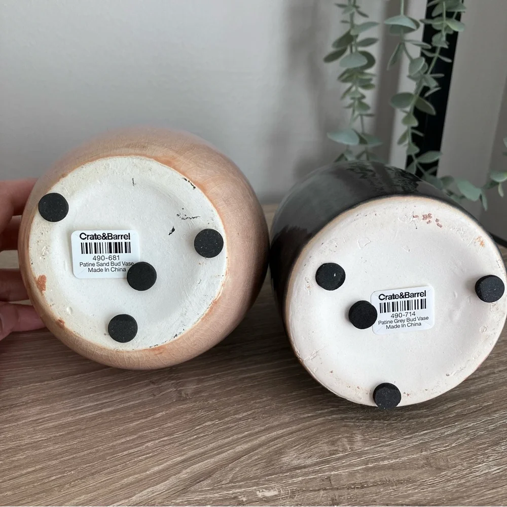 Crate & Barrel Patine Bud Vase Set Of 2 Gray Pink Flower Ceramic Home Decor
